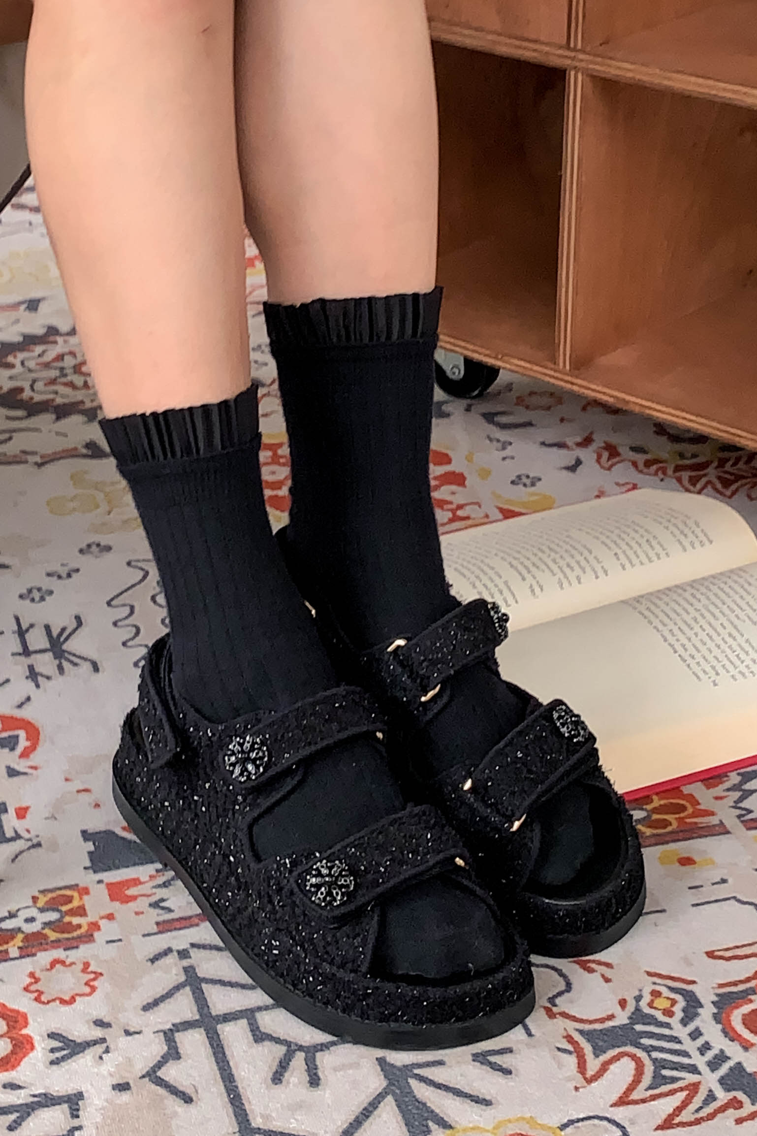 DEFECT) MAISON C' CLASSIC TWEED SANDALS IN BLACK | ARIMEE