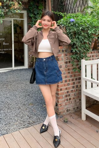 LE TART RIBBON CROPPED BOMBER JACKET IN BROWN