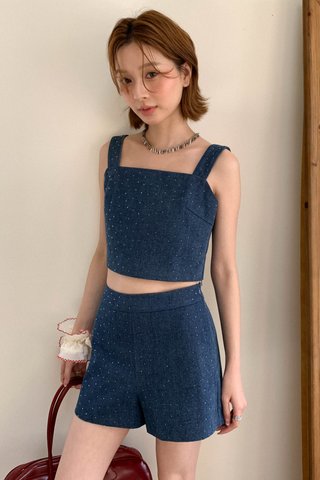 NU RHINESTONES HEARTY DENIM TOP IN BLUE
