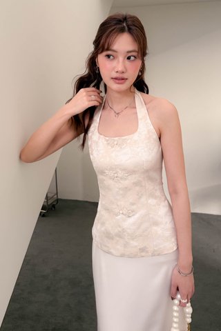 (BACKORDER XS/S) YIN ORIENTAL HALTER TOP IN CHAMPAGNE