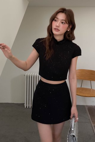 YUE TWEED GLITTER QIPAO TOP IN BLACK