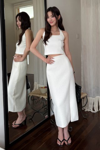 MIE CLASSIC GLITTER TWEED MIDI SKIRT IN WHITE