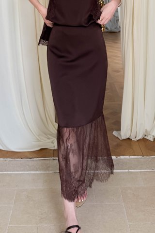 MU SATIN LACE FISHTAIL SKIRT IN BROWN